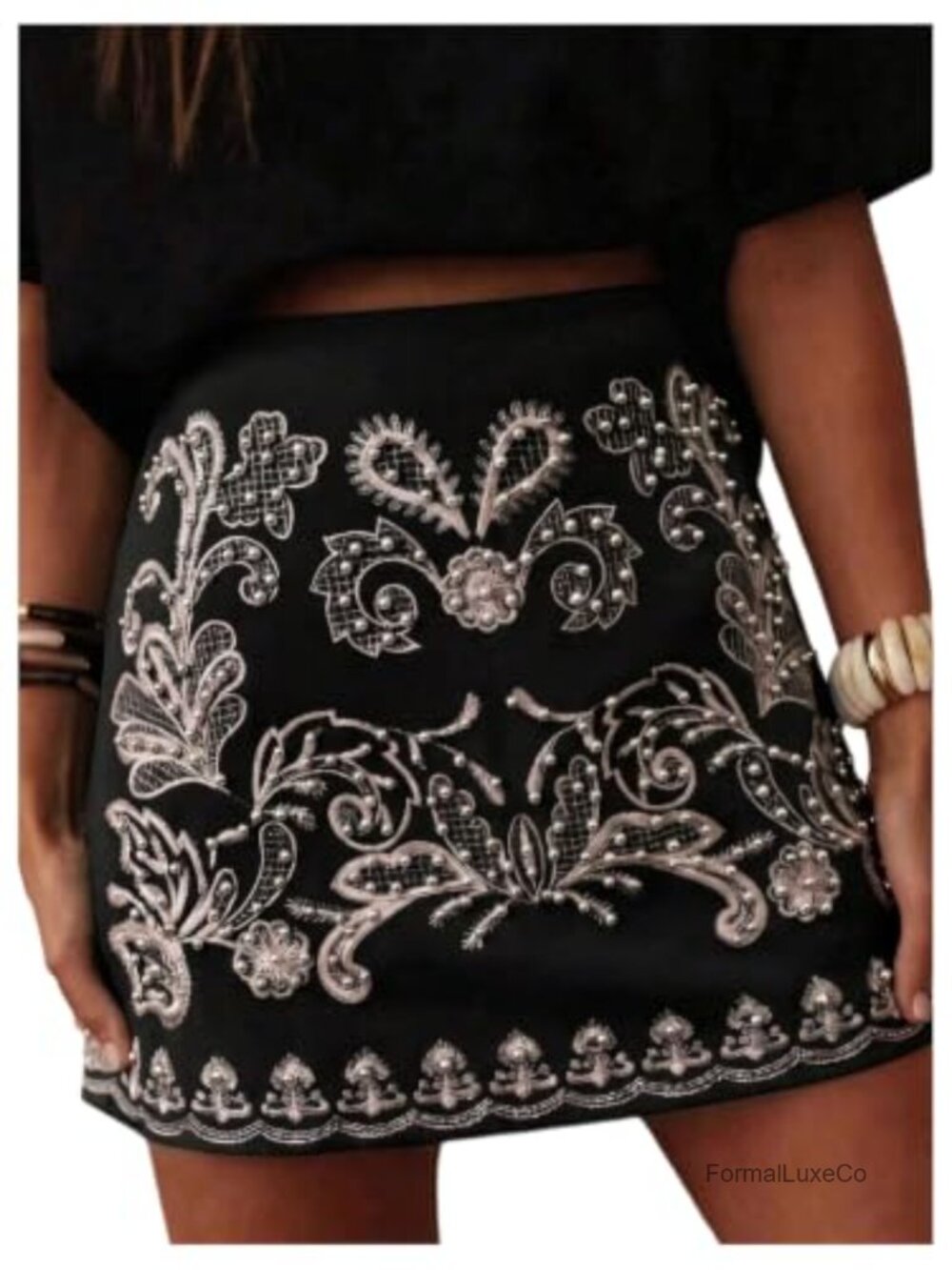 Women's Floral Beaded Embroidered Boho Mini Skirt High Waisted A-Line